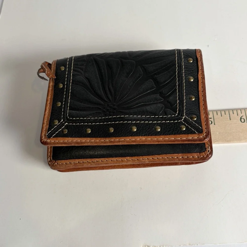 Fossil Women's Wallet Studded Tooled Leather Floral Black Brown